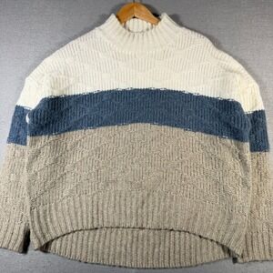 O&O Striped Mock Neck Sweater Oversized Knit Cream Blue Tan Size S